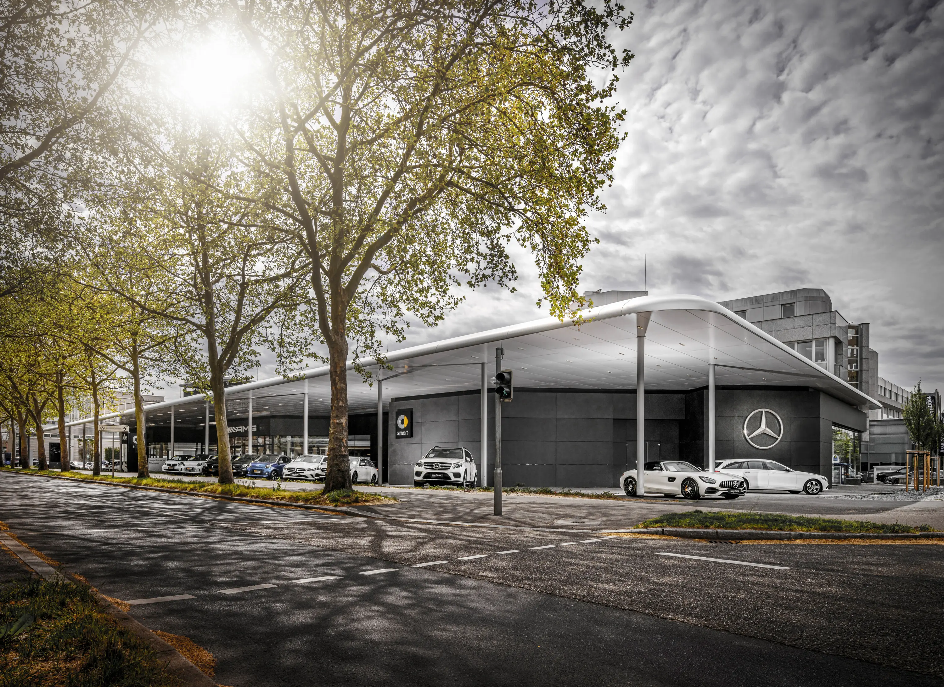 Mercedes-Benz-Autohaus mit geschwungenem Vordach hinter Bäumen