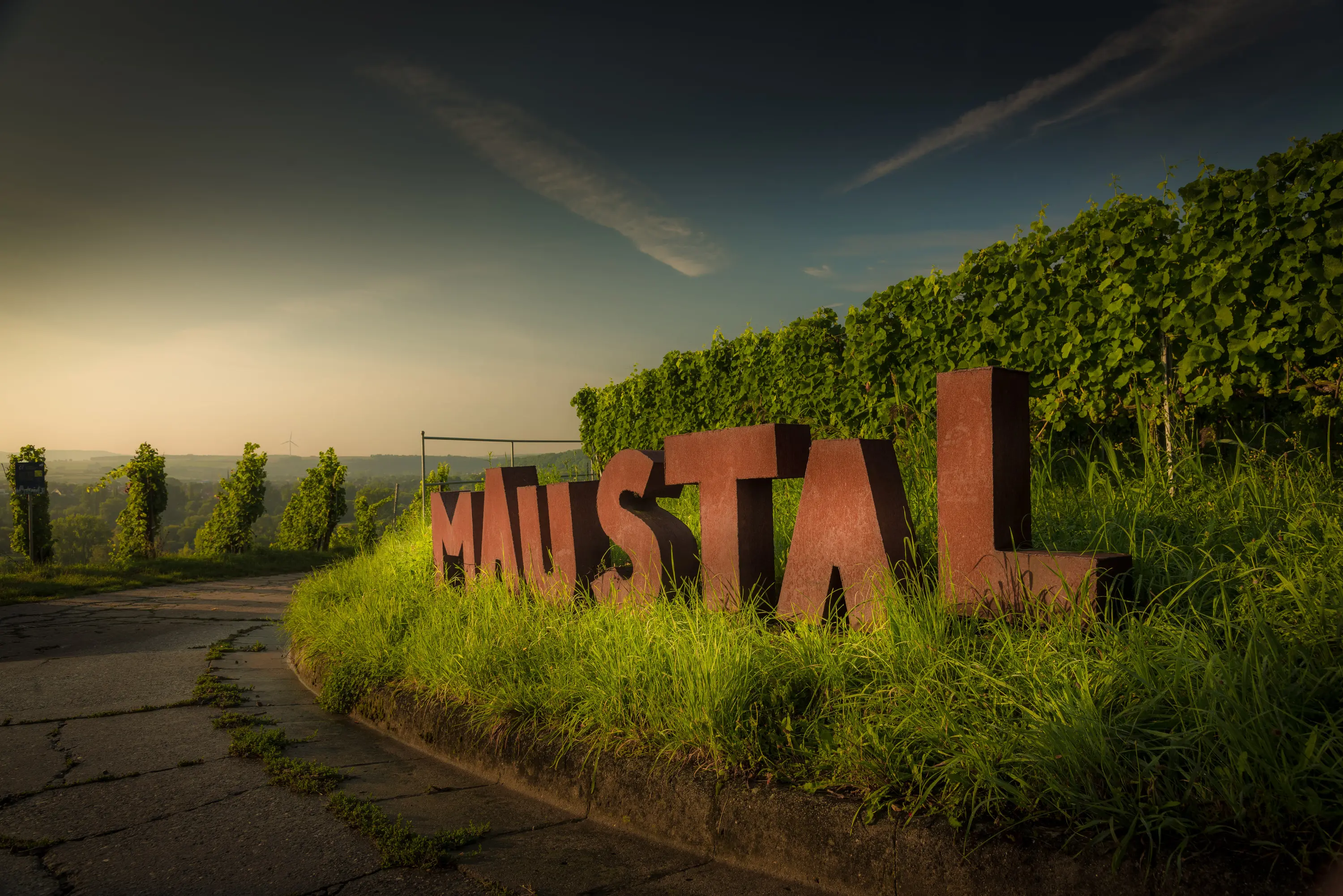 Rostiger Schriftzug Mäustal am Weinberg im Abendlicht